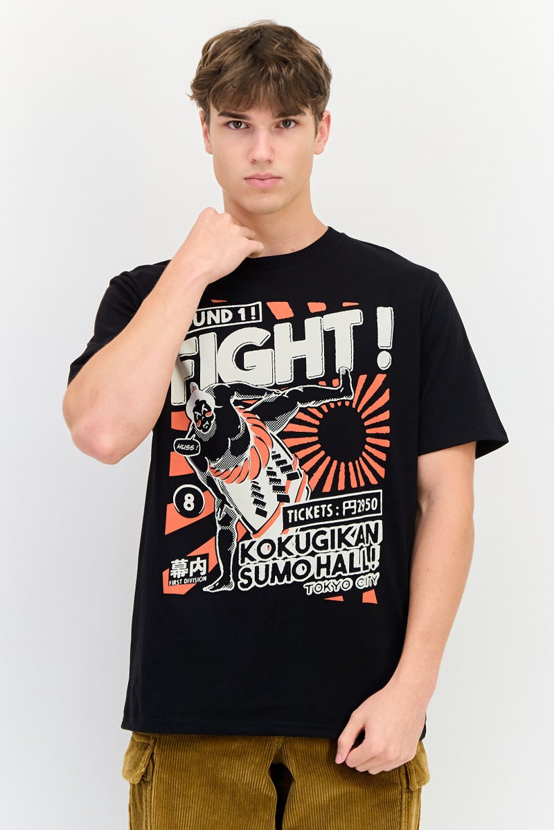 YOTO Men Crew Neck Short Sleeves Graphic Print T-Shirt, Black - Image 1