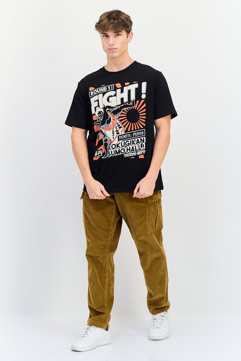 YOTO Men Crew Neck Short Sleeves Graphic Print T-Shirt, Black - Image 3