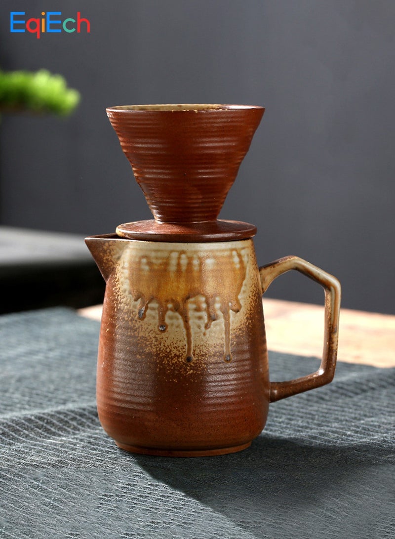 EqiEch V60 Pour Over Coffee Maker Set 2pcs, Ceramic Hand Brewing Coffee Maker, 16oz/480ml Pour Over Coffee Dripper and Coffee Pot 1-4 Cups(Terracotta) - Image 1