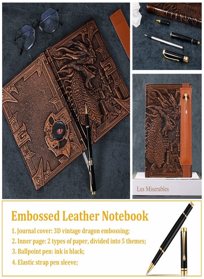 Feidiao Vintage Dragon Embossed Leather Notebook DND Notebook Travel Journal with Black Ballpoint Pen and Pen Sleeve.Antique Handmade A5 Journal,Hardcover Liner,Writing Notebook Gift for Men&Women(Red Copper) - Image 5