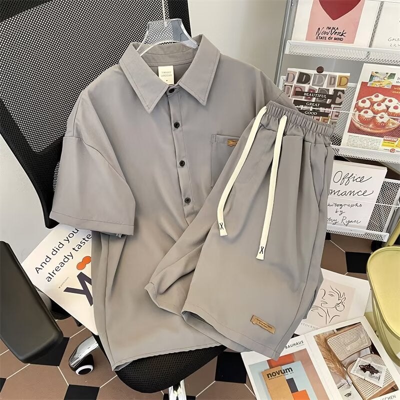 Ice Silk Thin Summer Shorts suit Shirt Short-sleeved Mens Casual Loose Solid Color plus size Sportswear Summer Clothes Dark gray 