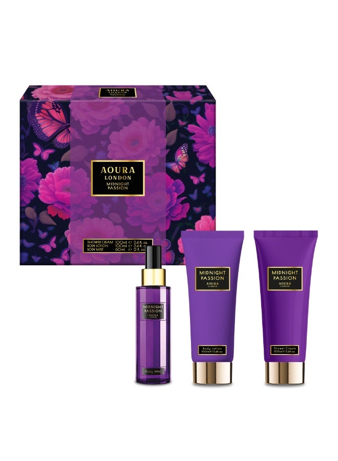 Aoura London Midnight Passion Gift Set – Body Mist 60ml + Shower Gel 100ml + Body Lotion 100ml | Long-Lasting Women’s Fragrance & Body Care Set | Perfect Gift for Women & Girls - Image 1