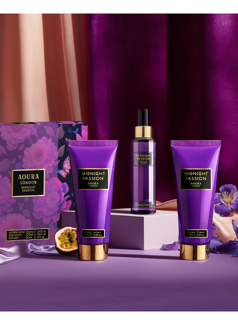 Aoura London Midnight Passion Gift Set – Body Mist 60ml + Shower Gel 100ml + Body Lotion 100ml | Long-Lasting Women’s Fragrance & Body Care Set | Perfect Gift for Women & Girls - Image 5
