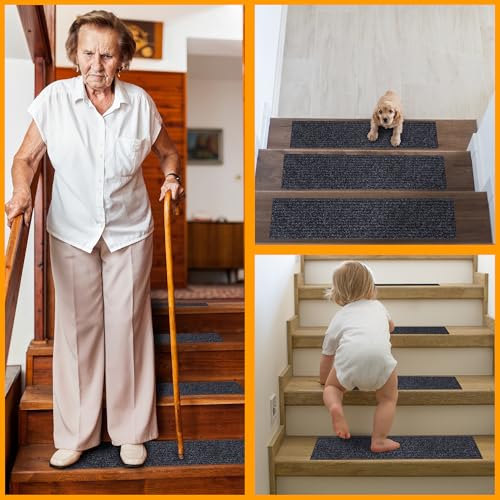 Ottomanson سجاد درج غير قابل للانزلاق بتصميم صلب 8" × 30" للاستخدام الداخلي/الخارجي، 7 عبوات، أسود - Image 4