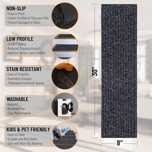 Ottomanson سجاد درج غير قابل للانزلاق بتصميم صلب 8" × 30" للاستخدام الداخلي/الخارجي، 7 عبوات، أسود - Image 3