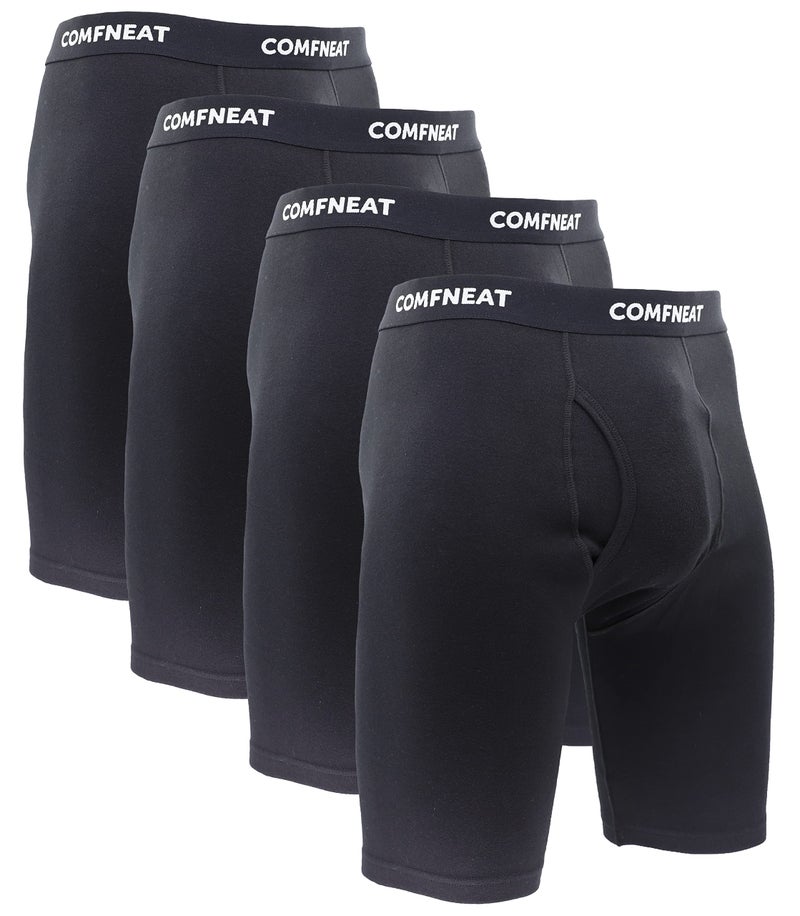 Comfneat Men's 9" Long Leg Cotton Boxer Briefs Stretchy Comfy Underwear 4-Pack (Black 4-Pack, XXL) - Image 1
