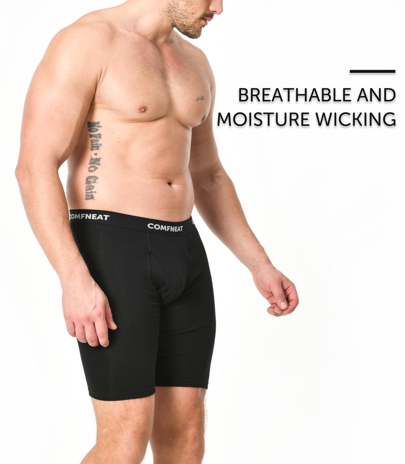 Comfneat Men's 9" Long Leg Cotton Boxer Briefs Stretchy Comfy Underwear 4-Pack (Black 4-Pack, XXL) - Image 3