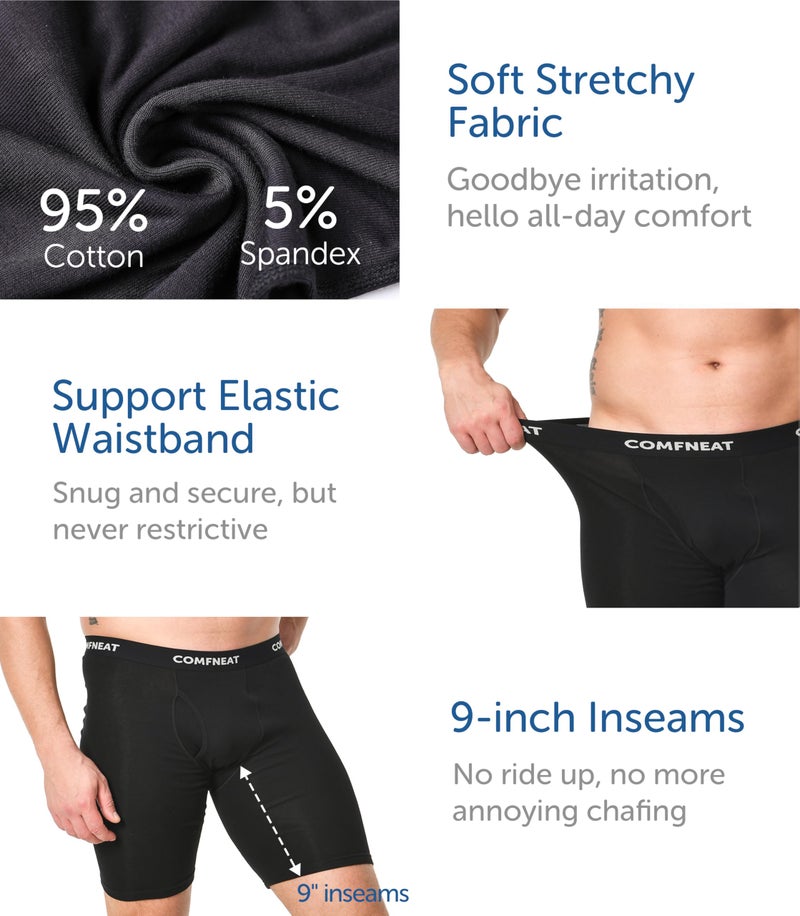 Comfneat Men's 9" Long Leg Cotton Boxer Briefs Stretchy Comfy Underwear 4-Pack (Black 4-Pack, XXL) - Image 4
