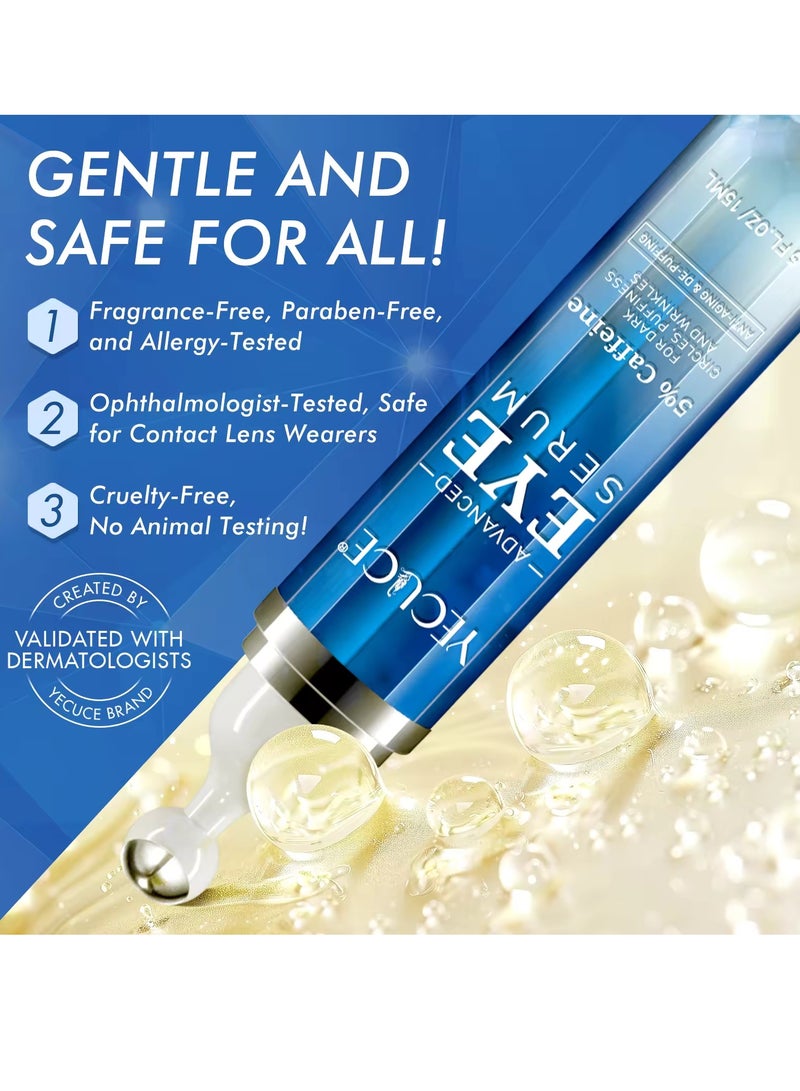 Yecuce Advanced Eye Serum Caffeine Eye Cream for Dark Circles and Wrinkles 5% Caffeine Under Eye Cream Reduce Wrinkles Relieve Puffiness and Fine Lines Daily Eye Serum with 360 Roller  Anti Aging Eye Cream 15ml  - Image 2