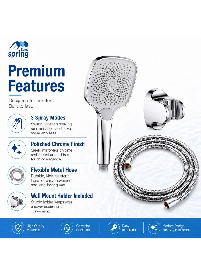 Euro Spring Eurospring Handheld Shower Head Set with 1.5m Stainless Steel Hose and Wall Mount Holder - Chrome Finish - Image 3
