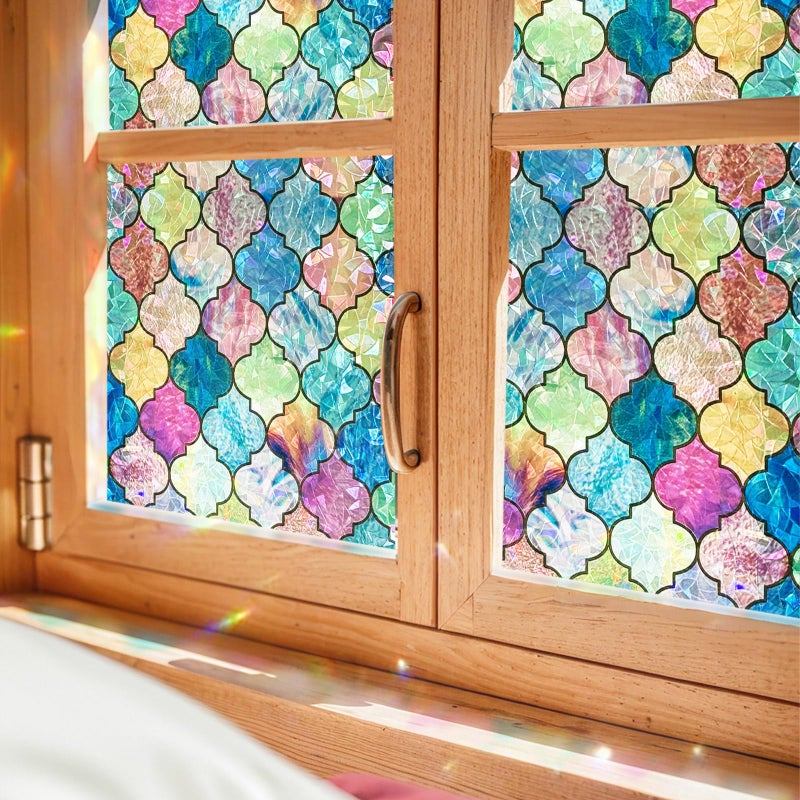 ADD.HERES Window Privacy Film, Stained Glass Decorative Static Cling, Removable Laser Sun Blocking Vinyl Covering,Window Film for Home Kitchen Living Room, Painted Four-Leaf Clover, 17.3 x 78.7in - Image 1