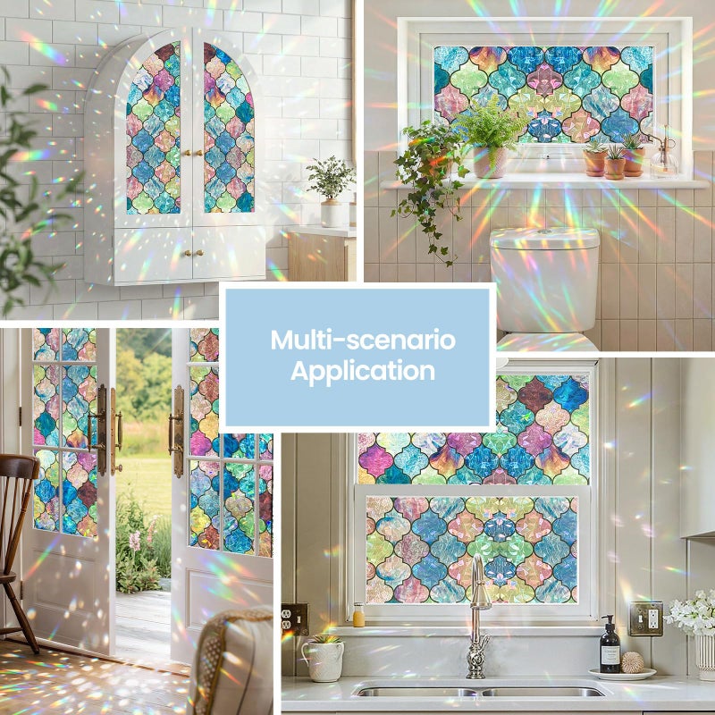 ADD.HERES Window Privacy Film, Stained Glass Decorative Static Cling, Removable Laser Sun Blocking Vinyl Covering,Window Film for Home Kitchen Living Room, Painted Four-Leaf Clover, 17.3 x 78.7in - Image 3