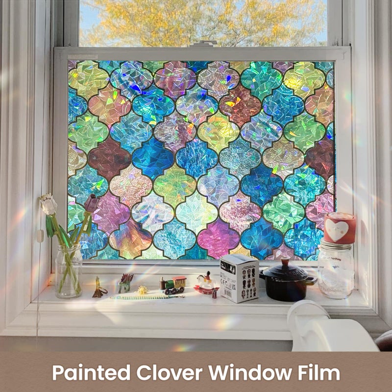 ADD.HERES Window Privacy Film, Stained Glass Decorative Static Cling, Removable Laser Sun Blocking Vinyl Covering,Window Film for Home Kitchen Living Room, Painted Four-Leaf Clover, 17.3 x 78.7in - Image 5