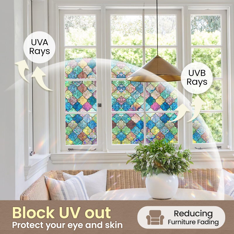 ADD.HERES Window Privacy Film, Stained Glass Decorative Static Cling, Removable Laser Sun Blocking Vinyl Covering,Window Film for Home Kitchen Living Room, Painted Four-Leaf Clover, 17.3 x 78.7in - Image 2