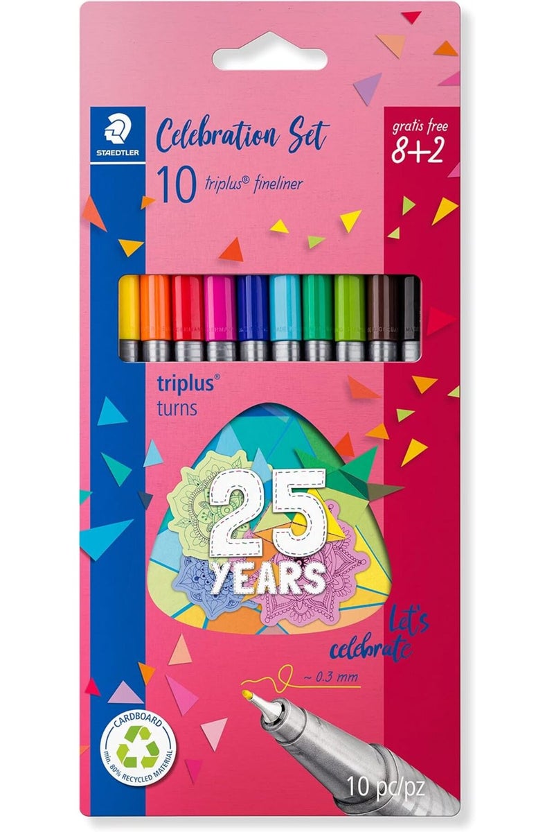 STAEDTLER Triplus Fineliner 334 BK10TA, 0.3 mm, Assorted Colours, Bonus Pack (8+2) - Image 1