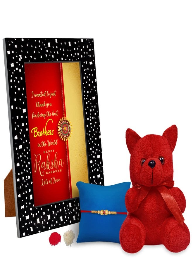 Golden Moti Rakhi for brother with Roli Chawal & The Best Brothers In The World Lots Of Love Photo Frame & Soft Toys combo_1048 - Image 1