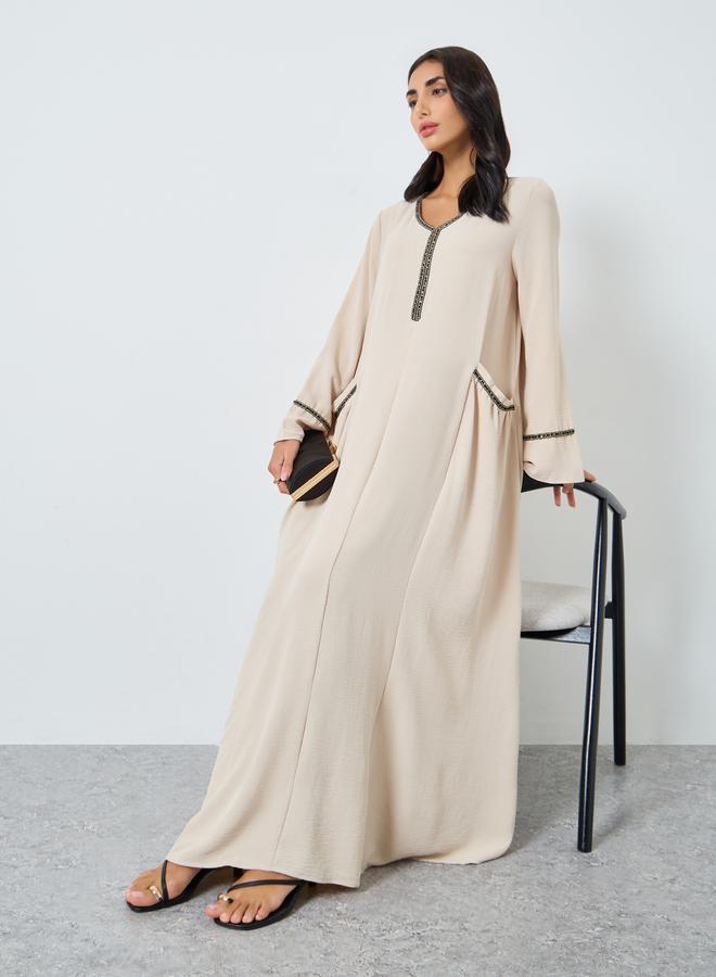 Amirah Cream Lace Detail A-Line Jalabiya - Image 1