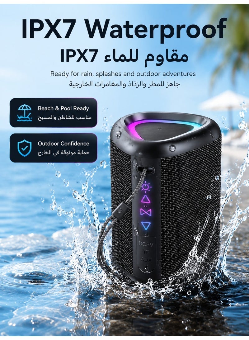 مكبر صوت بلوتوث، مكبرات لاسلكية محمولة 2025 مع إضاءة LED، بلوتوث 5.4، وقت تشغيل 24 ساعة، بصوت منخفض مُعزز، مقاوم للماء بمعيار IPX7، مكبر صوت خارجي للسفر والرياضة والحفلات وركوب الدراجات - Image 4