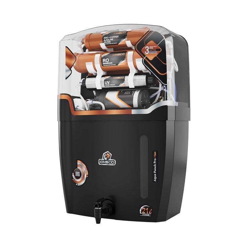 Kinsco Aqua Punch Pro Max 21 L with ISI Mark RoUvUfTds Adjuster 21 L RO UV UF TDS ALK Copper Water Purifier Black - Image 2