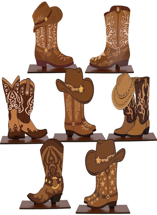 FYSUIMU 7 Pcs Western Cowboy Boots Wooden Centerpieces Western Brown Boot Shape Retro Wood Tabletop Signs for Tables for Rodeo Birthday Baby Shower Wedding Bachelorette Party Supplies - Image 1
