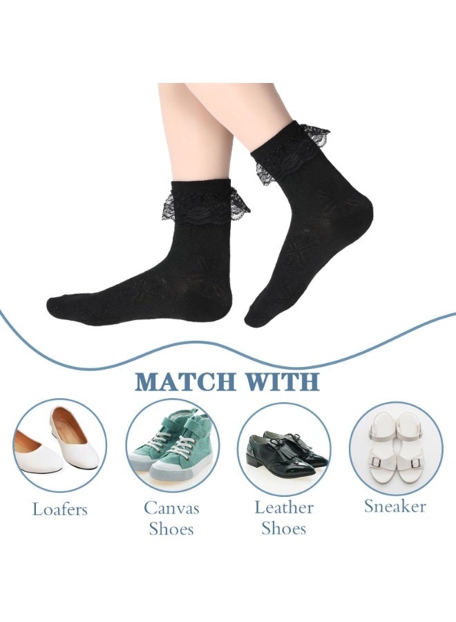 2pairs White Black Ruffle Socks for Women Turn-Cuff Lace Frilly Ankle Comfortable Cotton Princess Socks - Image 4