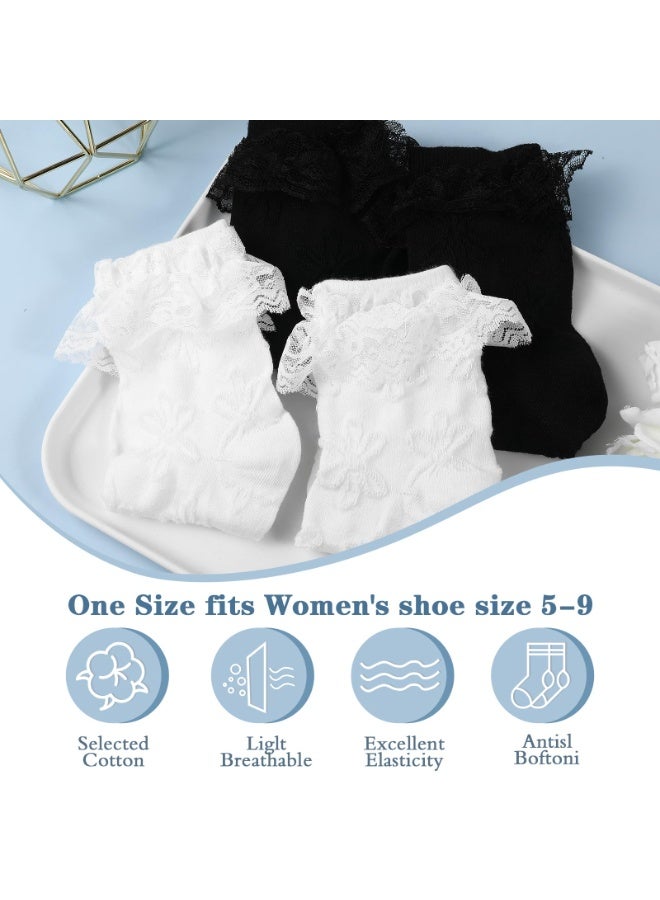 2pairs White Black Ruffle Socks for Women Turn-Cuff Lace Frilly Ankle Comfortable Cotton Princess Socks - Image 5