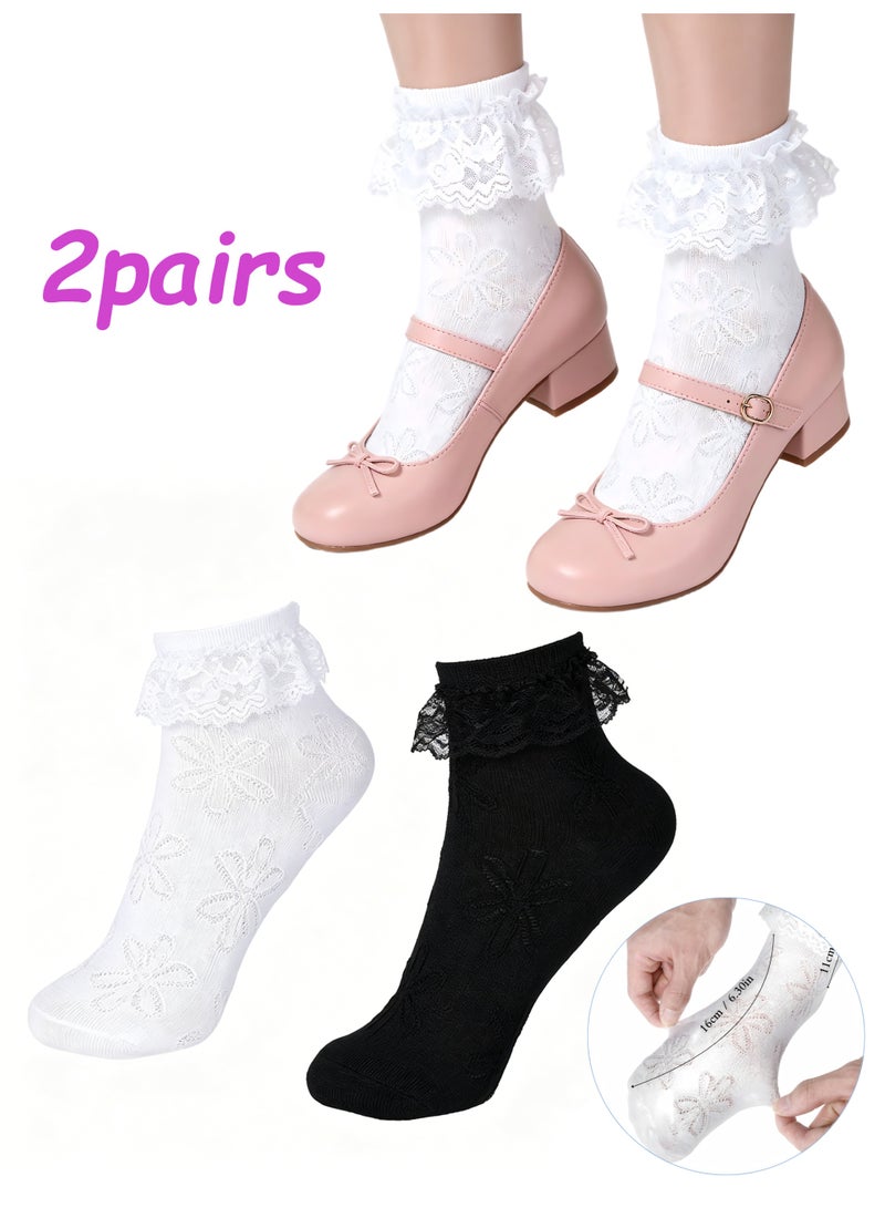 2pairs White Black Ruffle Socks for Women Turn-Cuff Lace Frilly Ankle Comfortable Cotton Princess Socks - Image 1