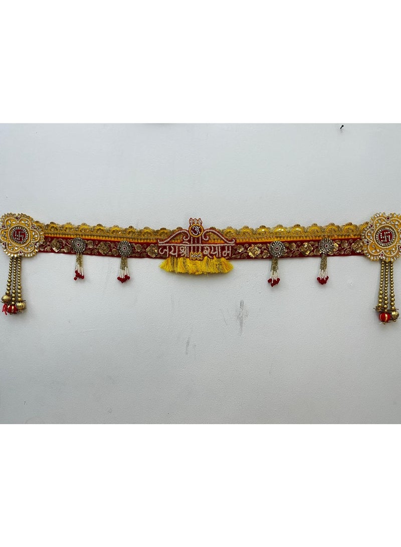 Diwali Decor / Traditional “Jai Shree Ram” Decorative Toran for Door – Red & Gold Embroidered Bandhanwar with Beads and Tassels - Image 1