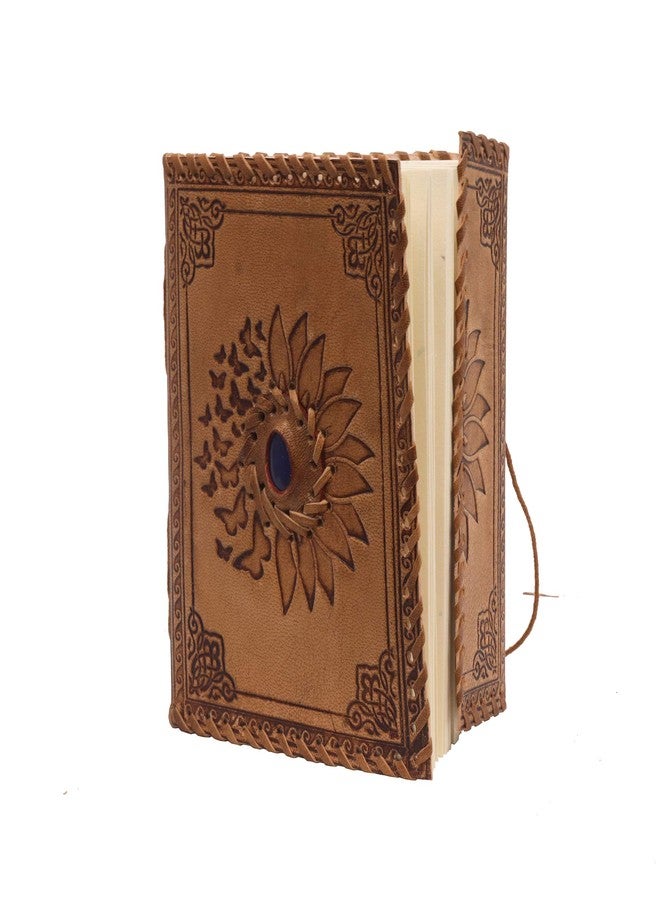 CREATIVE LEATHER ART دفتر يوميات مزين بنقوش زهرة عباد الشمس والفراشة مع حجر أزرق، ٢٤٠ صفحة، دفتر رسم جلدي، دفتر ملاحظات جلدي، دفتر يوميات عتيق، دفتر يوميات جلدي للنساء والرجال، دفتر يوميات حجر أزرق - Image 3