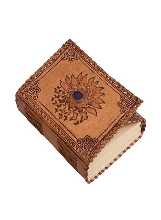 CREATIVE LEATHER ART دفتر يوميات مزين بنقوش زهرة عباد الشمس والفراشة مع حجر أزرق، ٢٤٠ صفحة، دفتر رسم جلدي، دفتر ملاحظات جلدي، دفتر يوميات عتيق، دفتر يوميات جلدي للنساء والرجال، دفتر يوميات حجر أزرق - Image 2