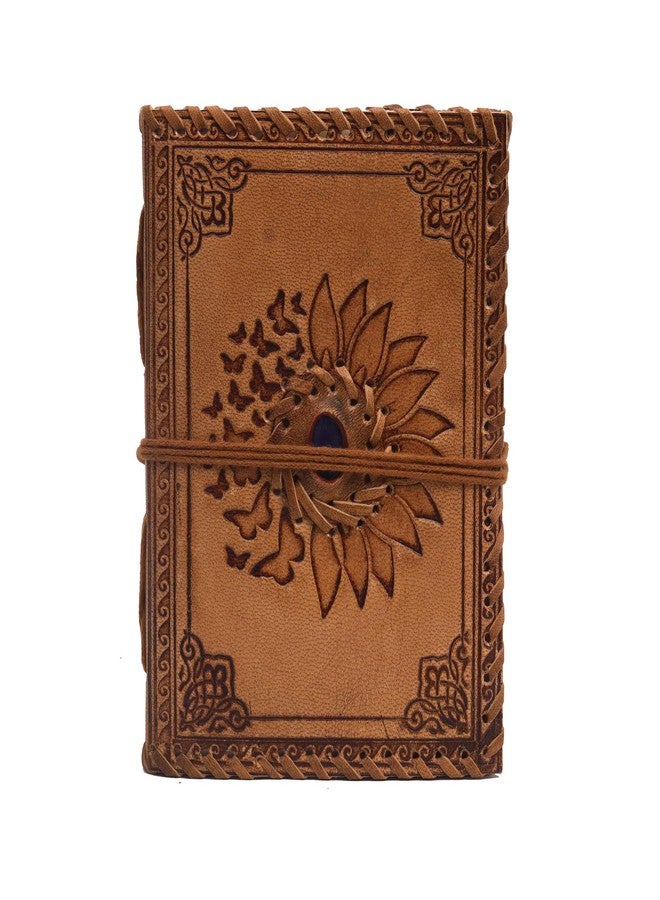 CREATIVE LEATHER ART دفتر يوميات مزين بنقوش زهرة عباد الشمس والفراشة مع حجر أزرق، ٢٤٠ صفحة، دفتر رسم جلدي، دفتر ملاحظات جلدي، دفتر يوميات عتيق، دفتر يوميات جلدي للنساء والرجال، دفتر يوميات حجر أزرق - Image 1