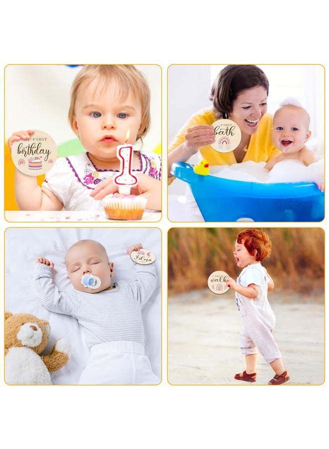 Tiamon 16 قطعة بطاقات milestones شهرية خشبية للأطفال دوائر علامات milestones الشهرية مزدوجة الجوانب دوائر خشبية علامات أشهر الأطفال لحفلات استقبال المواليد props صور (قوس قزح) - Image 5