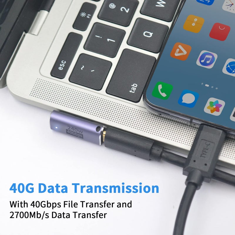Poyiccot USB C Right Angle Adapter 240W, Right Angle 90 Degree USB C Male to Female Extender Support 40Gbps Data Transfer, 8K Video with LED Light for ipad, MacBook, Tablet, Phone, 2pcs - Image 3