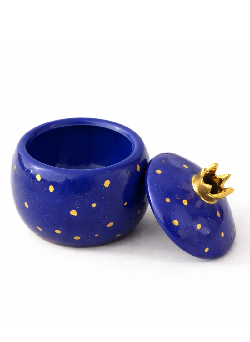 تحفة لوكس Tohfa Luxe Annar Blue Lidded Ceramic Bowl with Real Gold Dots – Handcrafted Pomegranate Bowl, 10cm × 11cm, Home Décor &  Gift