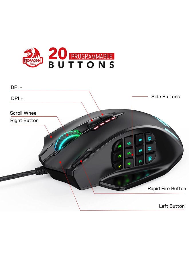 ريدراجون ماوس M908 Impact RGB LED MMO مع أزرار جانبية ماوس ألعاب سلكي بصري مع 12,400 نقطة في البوصة، 20 زر ماوس قابل للبرمجة - Image 2