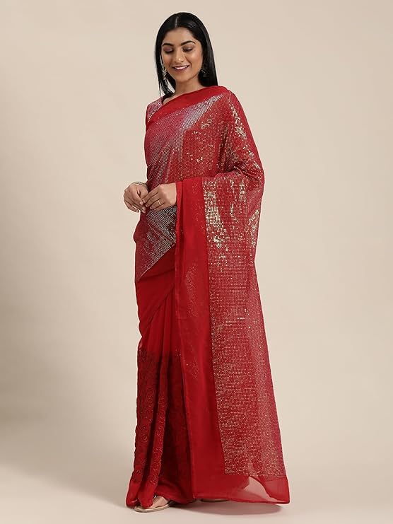 HEMOVIA Women's Plain Digital Print Cotton Silk Blend Saree with Silver Weaving Border Tassels-Elegant Ethnic Wear for Festive and Casual Occasions New 2025 (Monalisa-Red) - Image 2