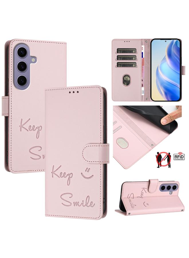 Zaboon For Samsung Galaxy S24 5G Smile Embossing RFID Leather Phone Case(Pink)