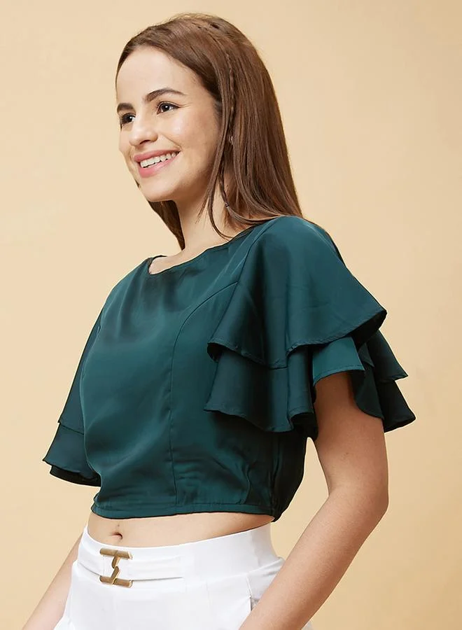 globus Globus Solid Layered Flared Sleeve Cropped Top