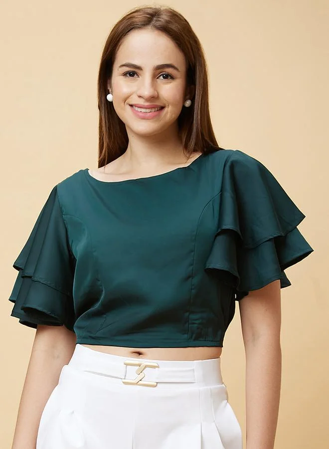 globus Solid Layered Flared Sleeve Cropped Top