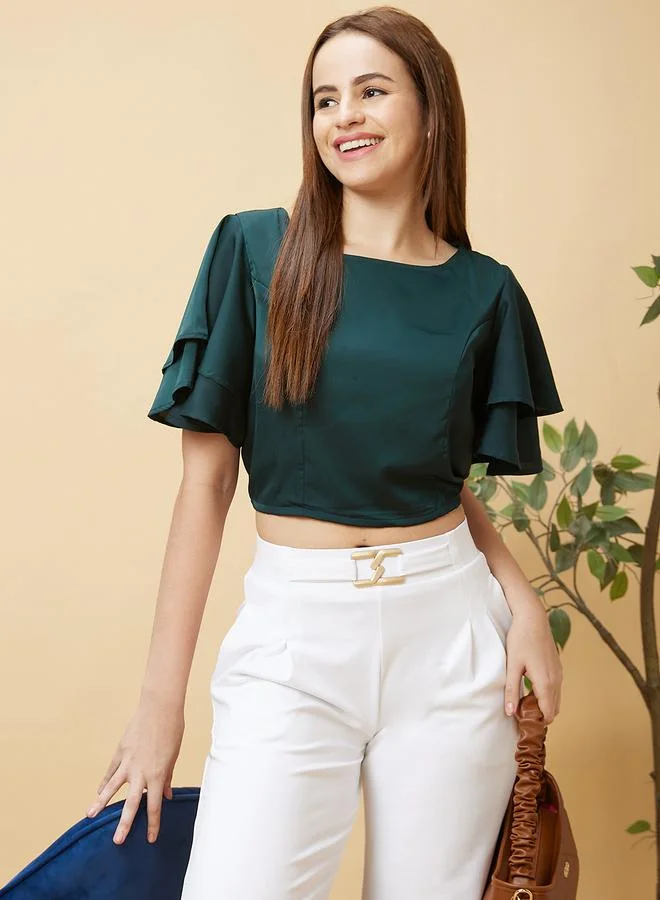 globus Solid Layered Flared Sleeve Cropped Top