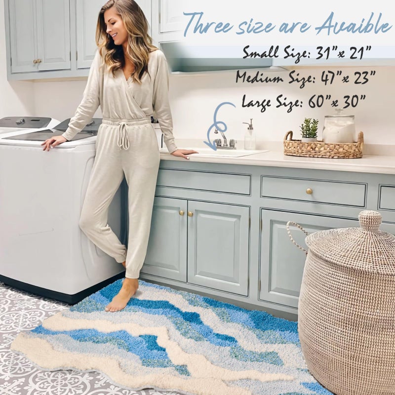 DyeFury Large Blue Ocean Wave Bath Mat, Cute Funky Bathroom Rugs for Coastal Beach Nautical Themed Decor, Non-Slip Washable Accent Rug for Bedroom Kitchen, Trendy Tufted Shower Mats 47"x 24" - Image 5