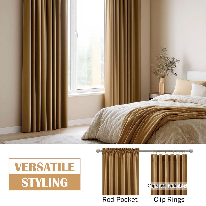 Beauoop Golden Brown Velvet Curtains 84 Inches Long 2 Panels for Bedroom Living Room Soft Luxury Room Darkening Thermal Insulated Soundproof Rod Pocket Window Treatments Drapes, 52X84 Set of 2 - Image 2