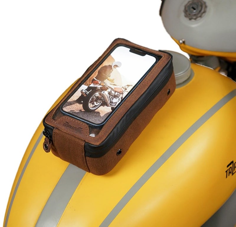 Trip Machine Company Navigator Magnetic Motorcycle Tank Pouch with Touch-Friendly Phone Holder | Anti Slip Maps Navigation Pouch Compatible with Royal Enfield, Honda, Bajaj, TVS, Jawa, Triumph - Brown & Tobacco - Image 1