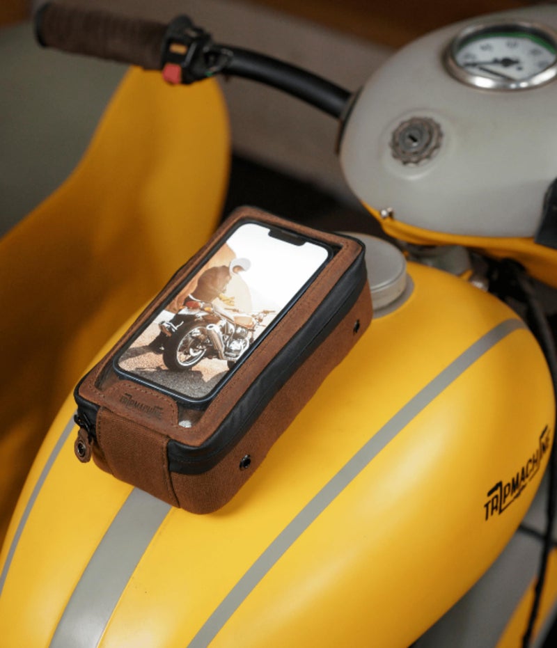 Trip Machine Company Navigator Magnetic Motorcycle Tank Pouch with Touch-Friendly Phone Holder | Anti Slip Maps Navigation Pouch Compatible with Royal Enfield, Honda, Bajaj, TVS, Jawa, Triumph - Brown & Tobacco - Image 4