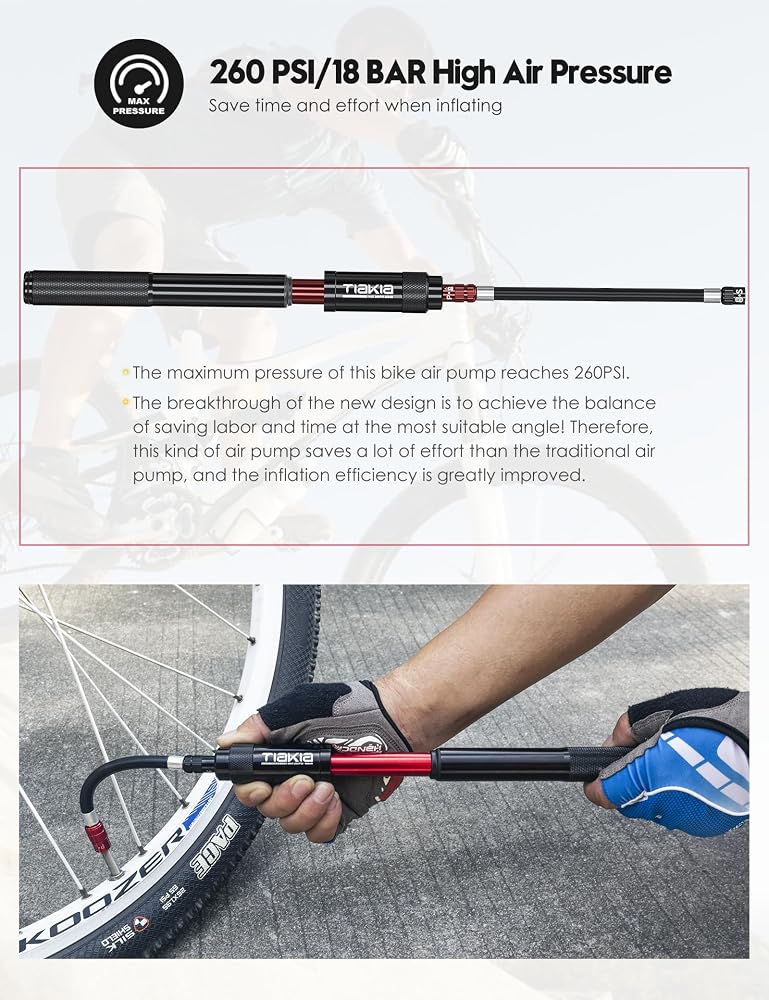 Tiakia Bicycle Pump Mini 260 PSI High Pressure Air Pump Small for Presta Schrader Dunlop Valves, Compact Portable Hand Pump Bicycle Pump Lightweight for BMX Mountain Bike Road Bike E-Bike with - Image 2