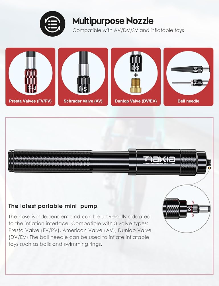 Tiakia Bicycle Pump Mini 260 PSI High Pressure Air Pump Small for Presta Schrader Dunlop Valves, Compact Portable Hand Pump Bicycle Pump Lightweight for BMX Mountain Bike Road Bike E-Bike with - Image 3