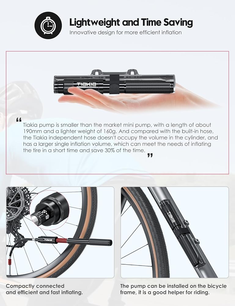 Tiakia Bicycle Pump Mini 260 PSI High Pressure Air Pump Small for Presta Schrader Dunlop Valves, Compact Portable Hand Pump Bicycle Pump Lightweight for BMX Mountain Bike Road Bike E-Bike with - Image 5