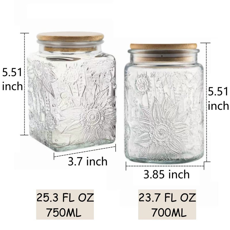 ANSQU Set of 2 Vintage Glass Storage Jars  Glass Food Storage Containers(25.3oz/23.7oz)  Candy Jars with Lids for Kitchen Coffee  Tea  Cookie  Sugar  Bath Salts  Cute Jar - Image 2