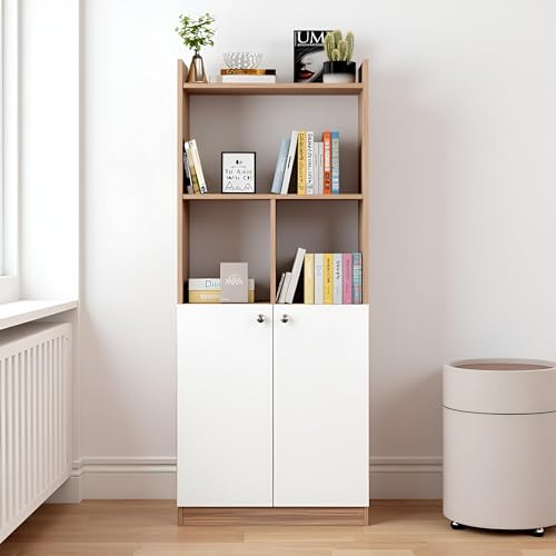 FURNEASER Prizm Modern Wooden Bookshelf with 2-Door Cabinet & Open Storage | Multipurpose Bookcase for Living Room, Bedroom & Office | Engineered Wood (161 x 50 x 30) (Exotic Teak & White) - Image 1