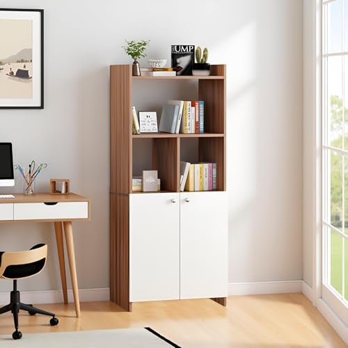 FURNEASER Prizm Modern Wooden Bookshelf with 2-Door Cabinet & Open Storage | Multipurpose Bookcase for Living Room, Bedroom & Office | Engineered Wood (161 x 50 x 30) (Exotic Teak & White) - Image 3